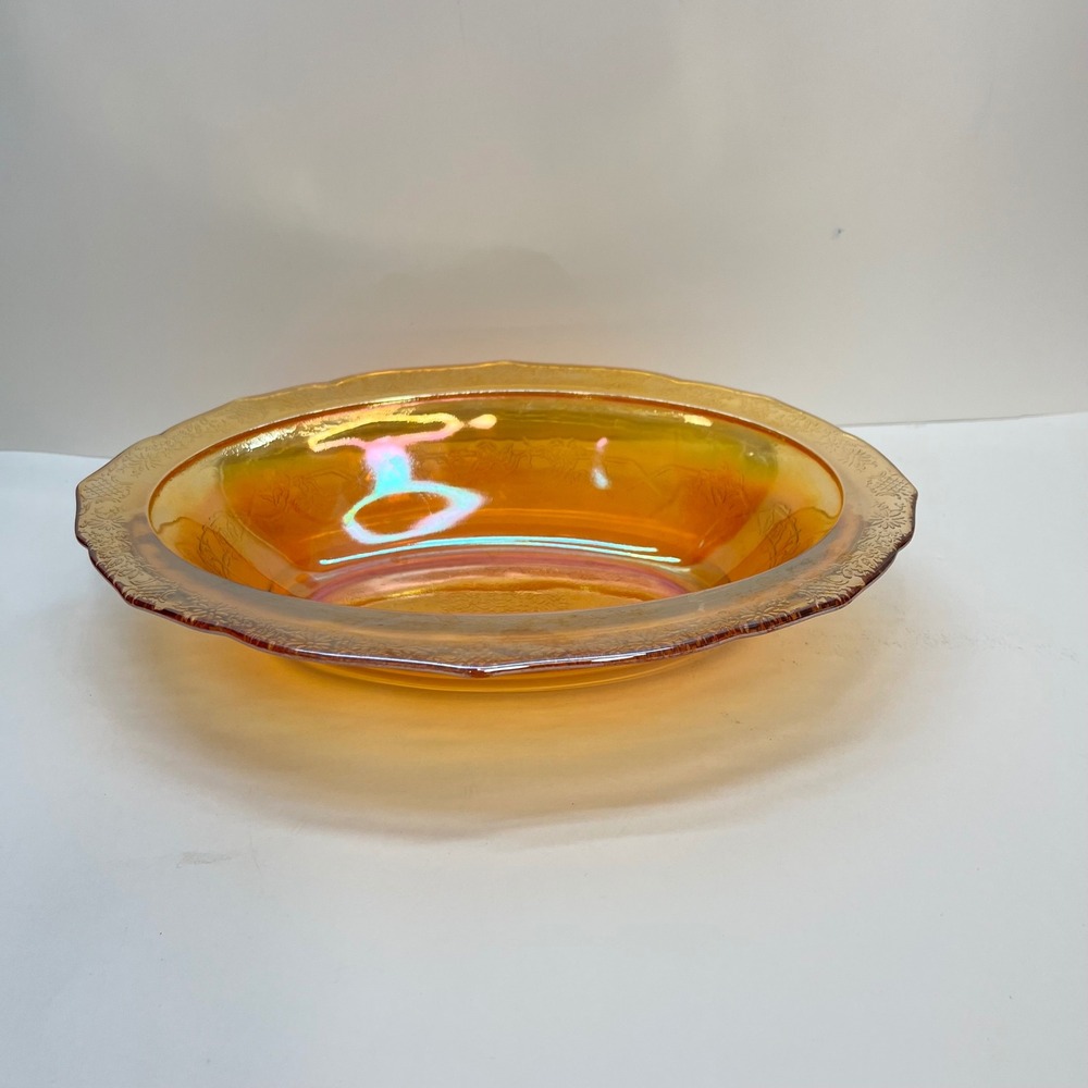 Jeanette Glass Iris and‎ Herringbone Marigold Carnival Glass Oval Vegetable Bowl